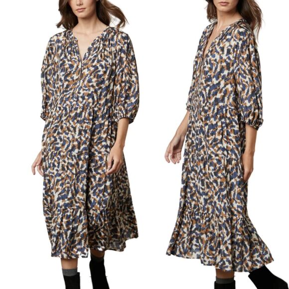 Velvet by Graham & Spencer Ottilie Dress Womens Small Smudge Print Tiered Boho - Picture 2 of 10